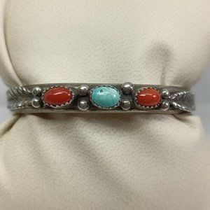Southwestern Turquoise & Coral Cuff signed Alice Long